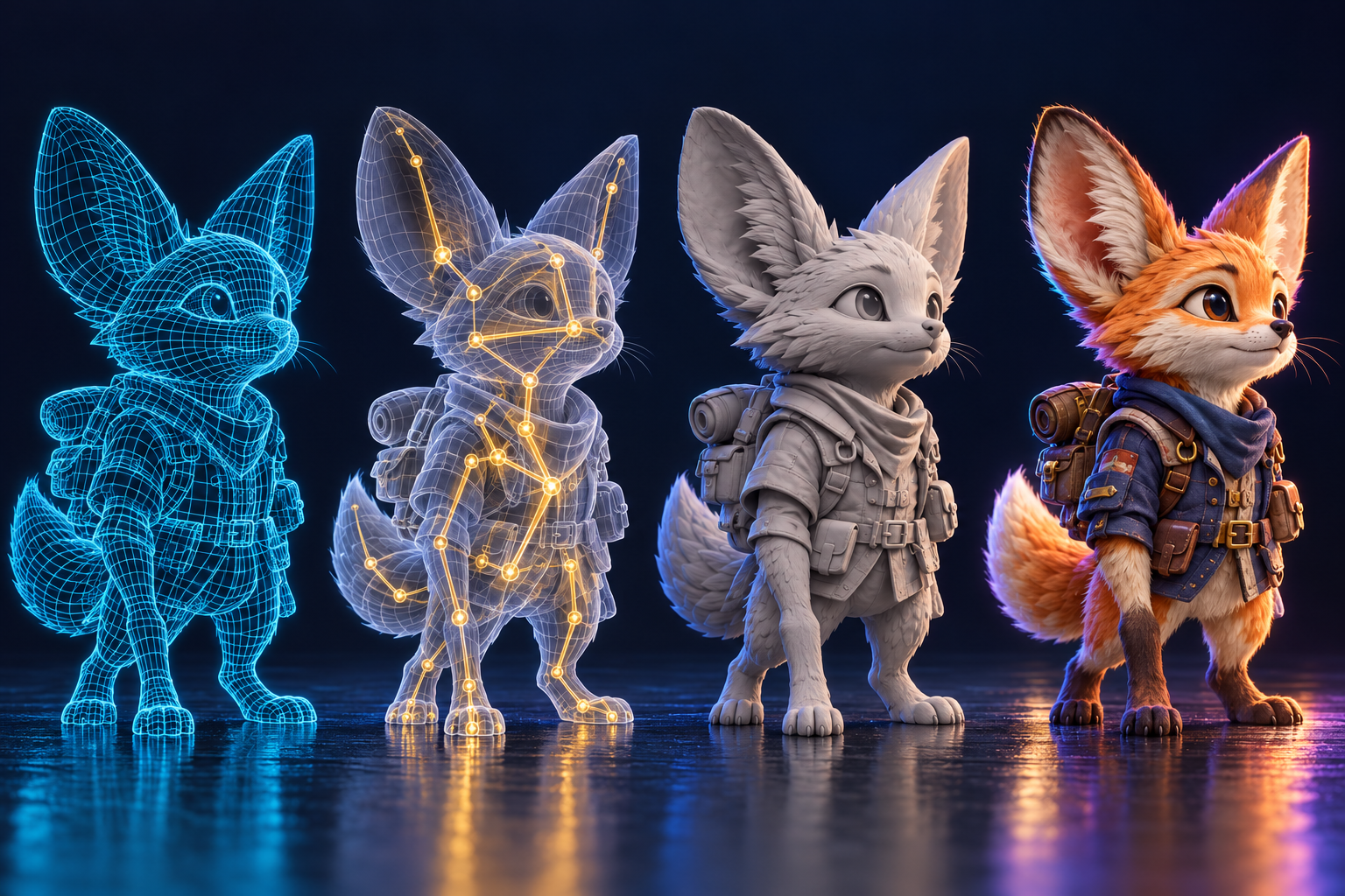 Concept illustration of the same fox game character as a wireframe mesh, skeletal rig, gray clay render, and fully textured asset