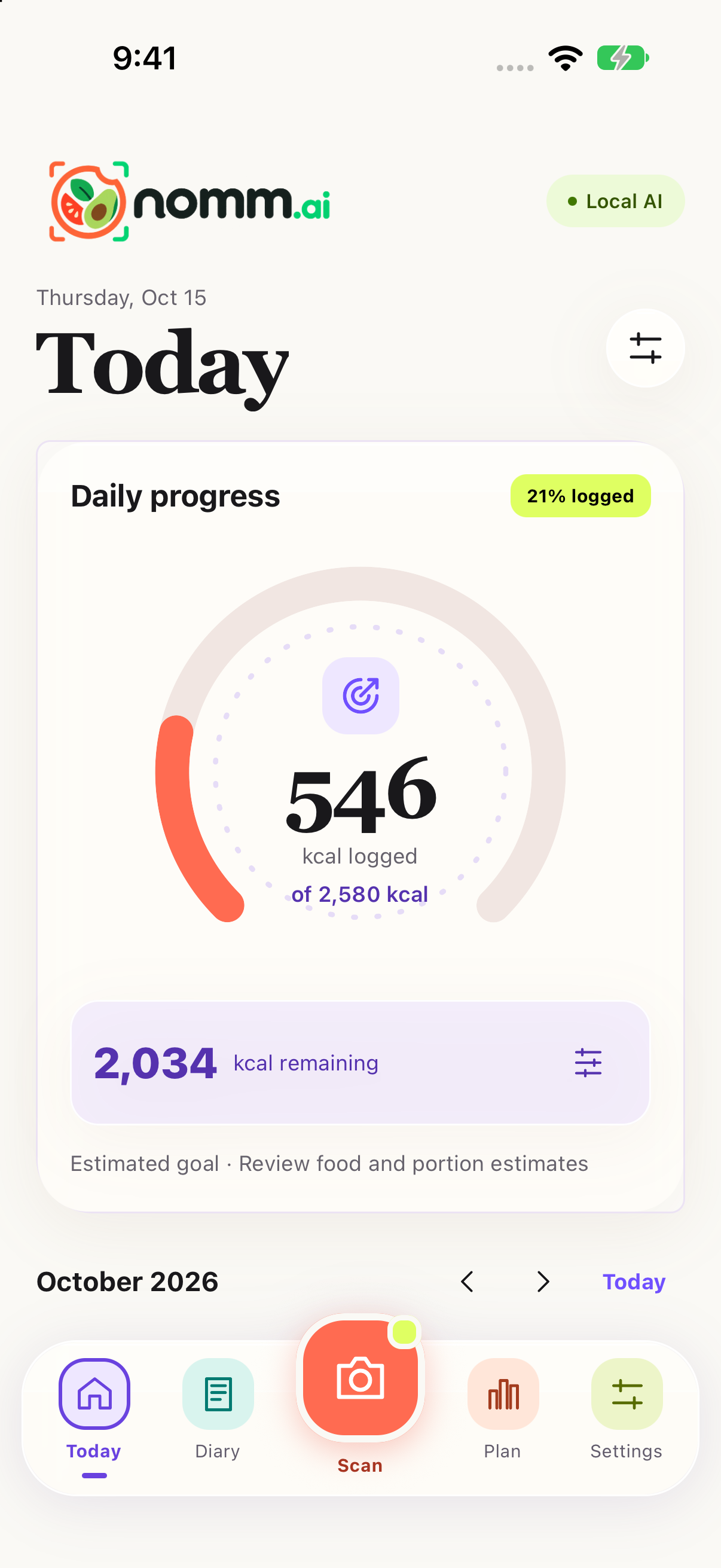 Actual NommAI iOS test build showing its daily calorie diary, using a synthetic profile