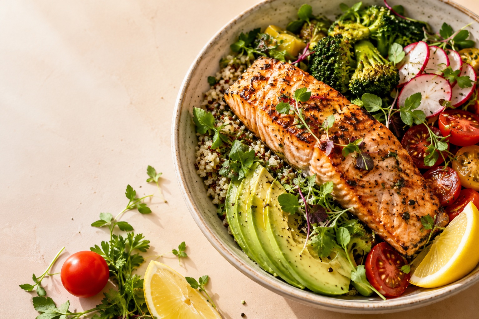 AI-generated sample bowl of salmon, vegetables and grains used for NommAI’s recorded model estimates