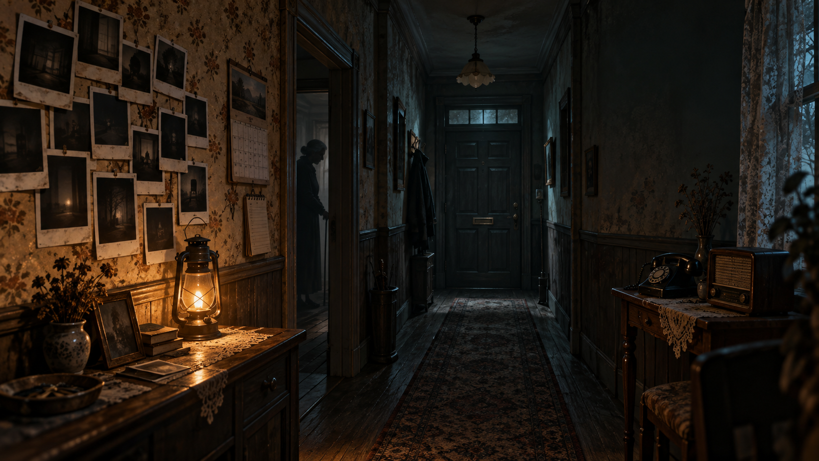 The Stay’s published artwork: a dark hallway in Nana’s house with a lantern, radio, and a door at the end