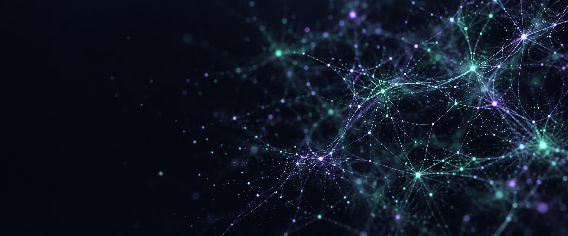 Abstract neural network with fine branching connections and luminous mint and lavender nodes on a dark background