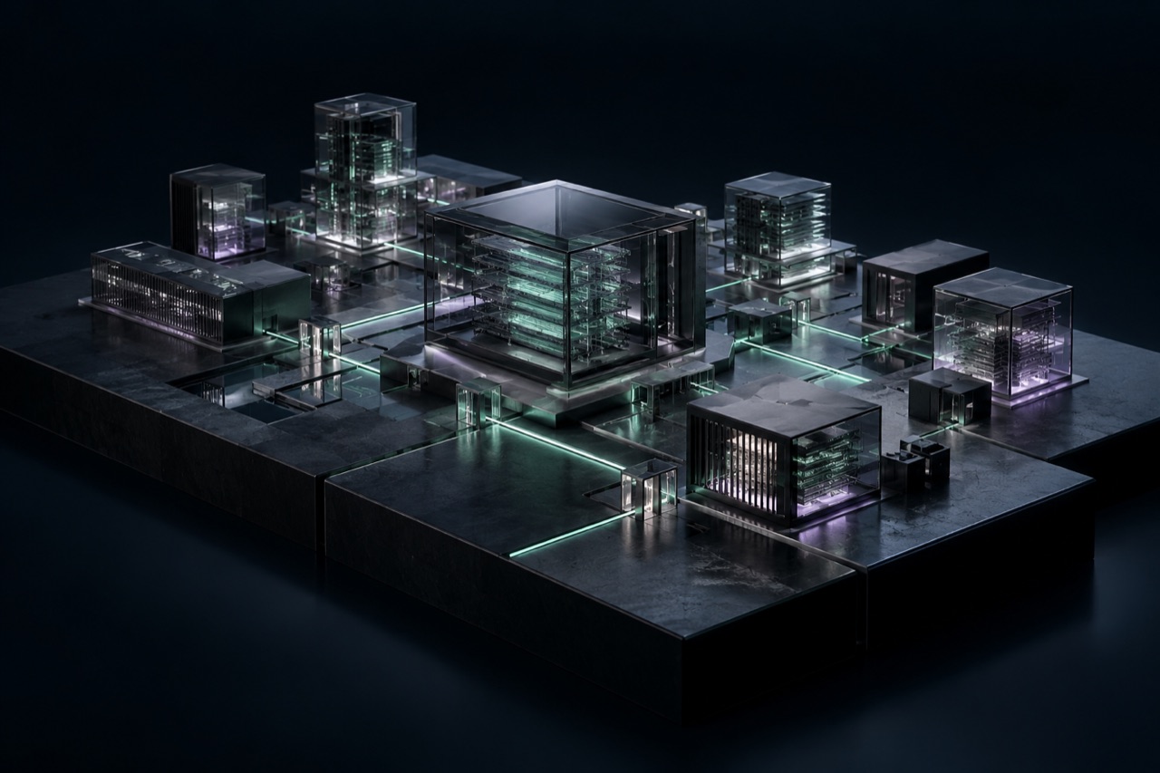 Conceptual enterprise AI architecture: interconnected glass and graphite systems with illuminated routes and checkpoints
